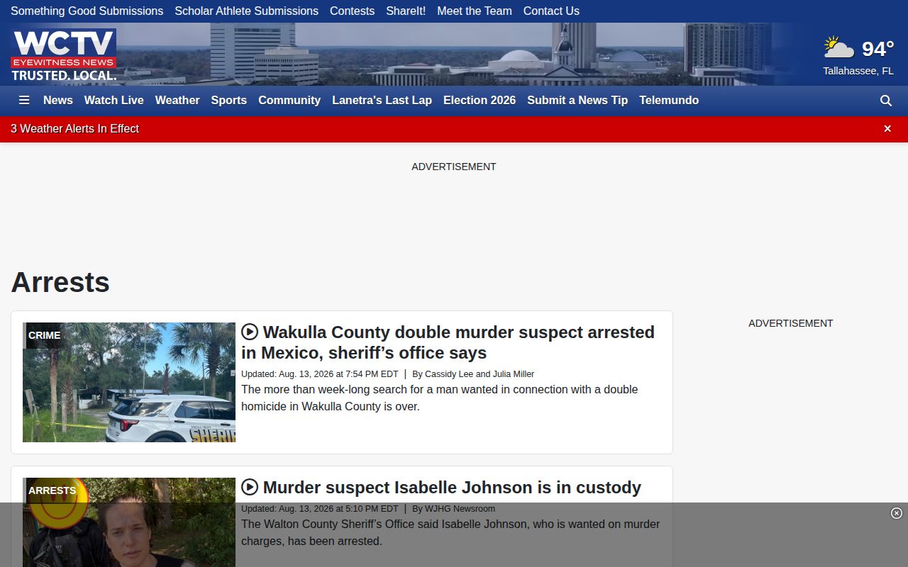 WCTV regional arrest news section serving Grady County