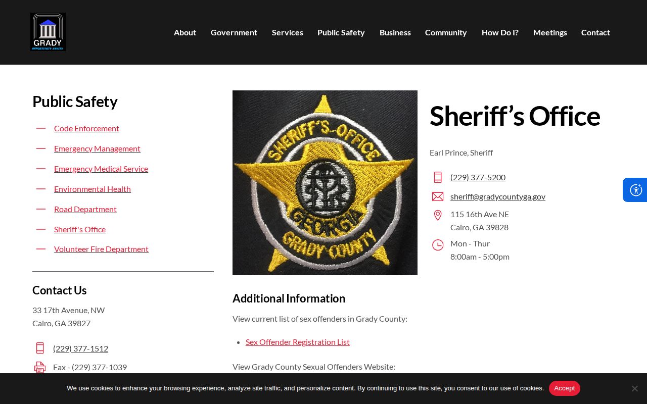 Grady County Sheriff official contact page for booking record requests