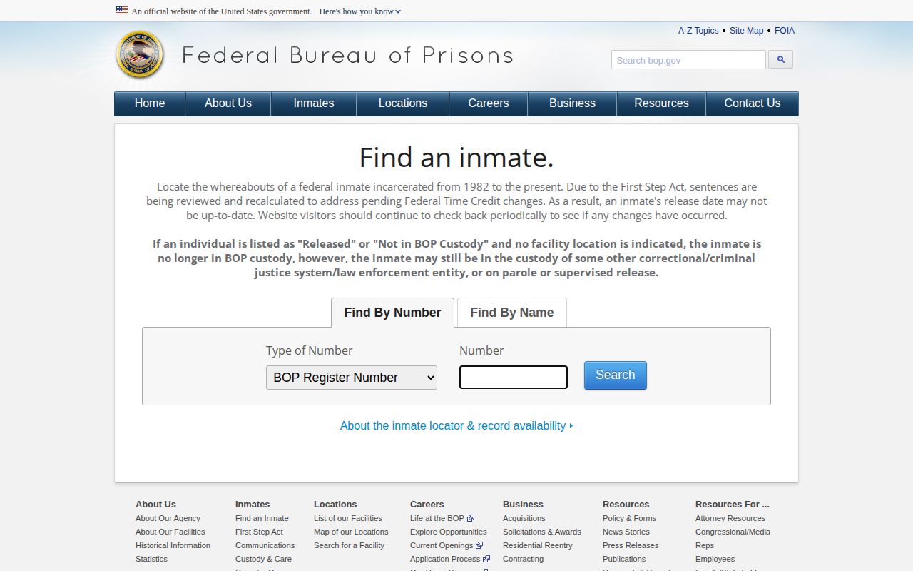 Grady County federal custody-stage record check through the Bureau of Prisons locator